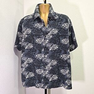 Joseph Feiss Silk Short Sleeve Button Shirt Mens Sz XL Blue Cream Damask Casual
